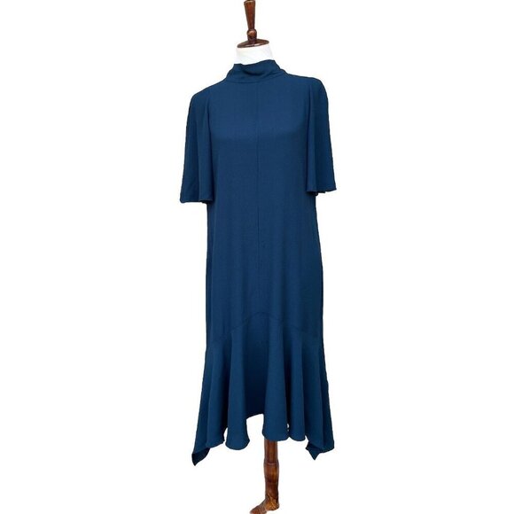 Lewit Women Green Scarab Mock Neck Back Tie Elbow Sleeve Rippling Dress Size 10 - Picture 14 of 16